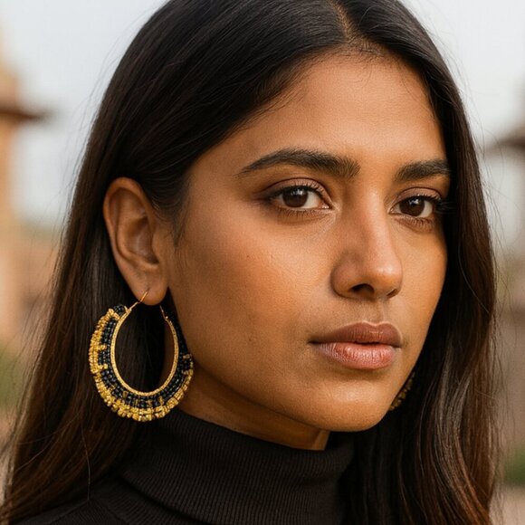 🆕️Indian Artisan Beaded Boho Chic Stylish Handmade Statement Hoop Earrings - Picture 1 of 13